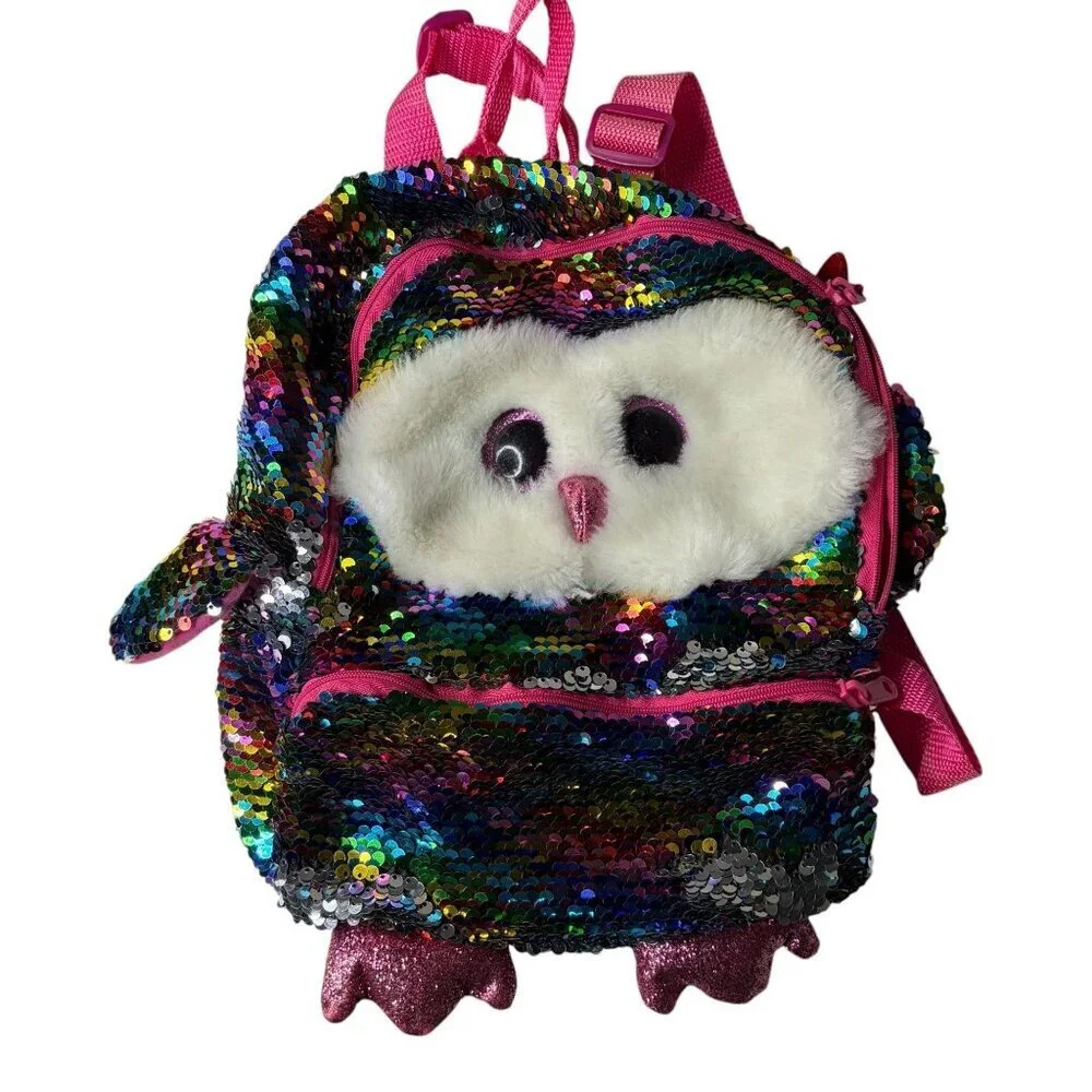 TY Mini Backpack OWEN Owl Sequin Flippy Color Changing Plush Bag (12”